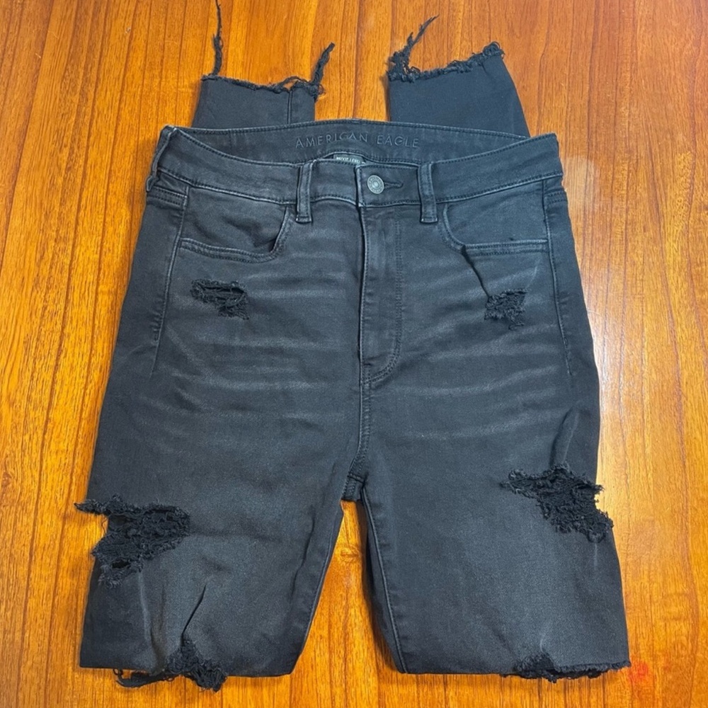 American Eagle distressed super hi rise skinny jeans with raw hem